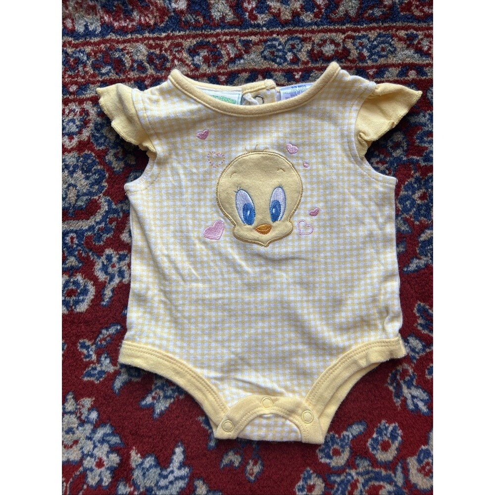 Tweety Bird Looney Tunes romper Size 0-3 Months Yellow Checkered Embroidered